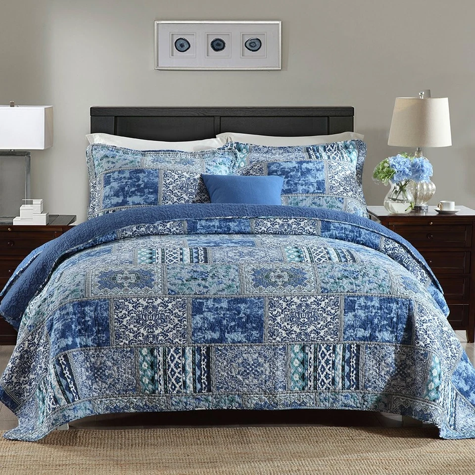 NEWLAKE Cotton Bedspread Quilt Sets-Reversible Patchwork Coverlet Set Blue C...