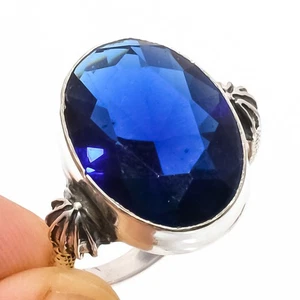 Blue Sapphire (Simulated) Silver Plated Israeli Ring s.9 R1187-47|Christmas Gift - Picture 1 of 4