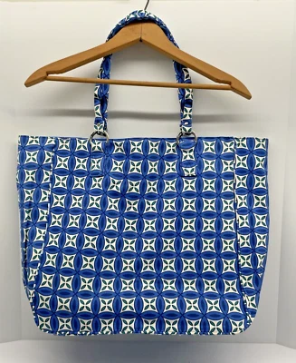 Bolso de playa Avon 2006 azul y blanco de lona con correas cremallera bolsillos interiores Foto 1 de 4