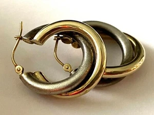 925 Sterling Silver 14K Solid Gold MB Overlapping Double Hoop Ladies Earrings   - Picture 1 of 12