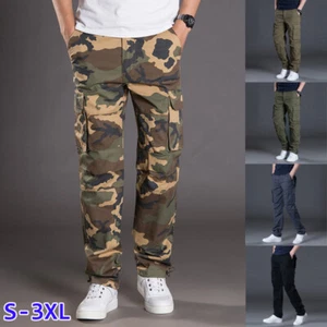 Men Cotton Cargo Trousers Pockets Outdoor Sports Workwear Pants Casual Loose - Picture 1 of 17