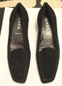 Prada Soft Black Suede Low Stacked Cuban Heel Moc Loafer Slip On-38 1/2-8/8 1/2 - Picture 1 of 5