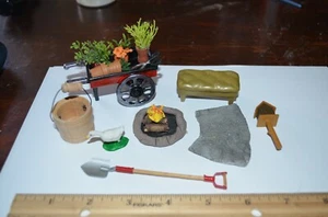 Dollhouse Garden Lot Wheelbarrow Plants shovel Birdhouse Campfire Bucket Bench - Picture 1 of 8