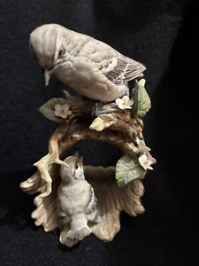1979 HOMCO™ Masterpiece Porcelain "Mother & Baby Mockingbirds - Hollow Log" - Picture 1 of 6