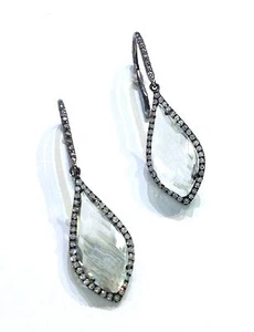 Green Amethyst & Diamond Earrings .37 CT Vintage Style 14k White Gold w/ Rhodium - Picture 1 of 5