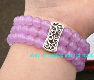 Natural 3 Rows 8mm Purple Jade Beads Stretch Tibetan Silver Gems Bracelet 7.5'' - Picture 1 of 12