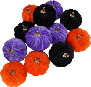12 Pcs Small Velvet Pumpkins 3" Faux Halloween Fall Decor Rustic Farmhouse Set - Picture 1 of 5