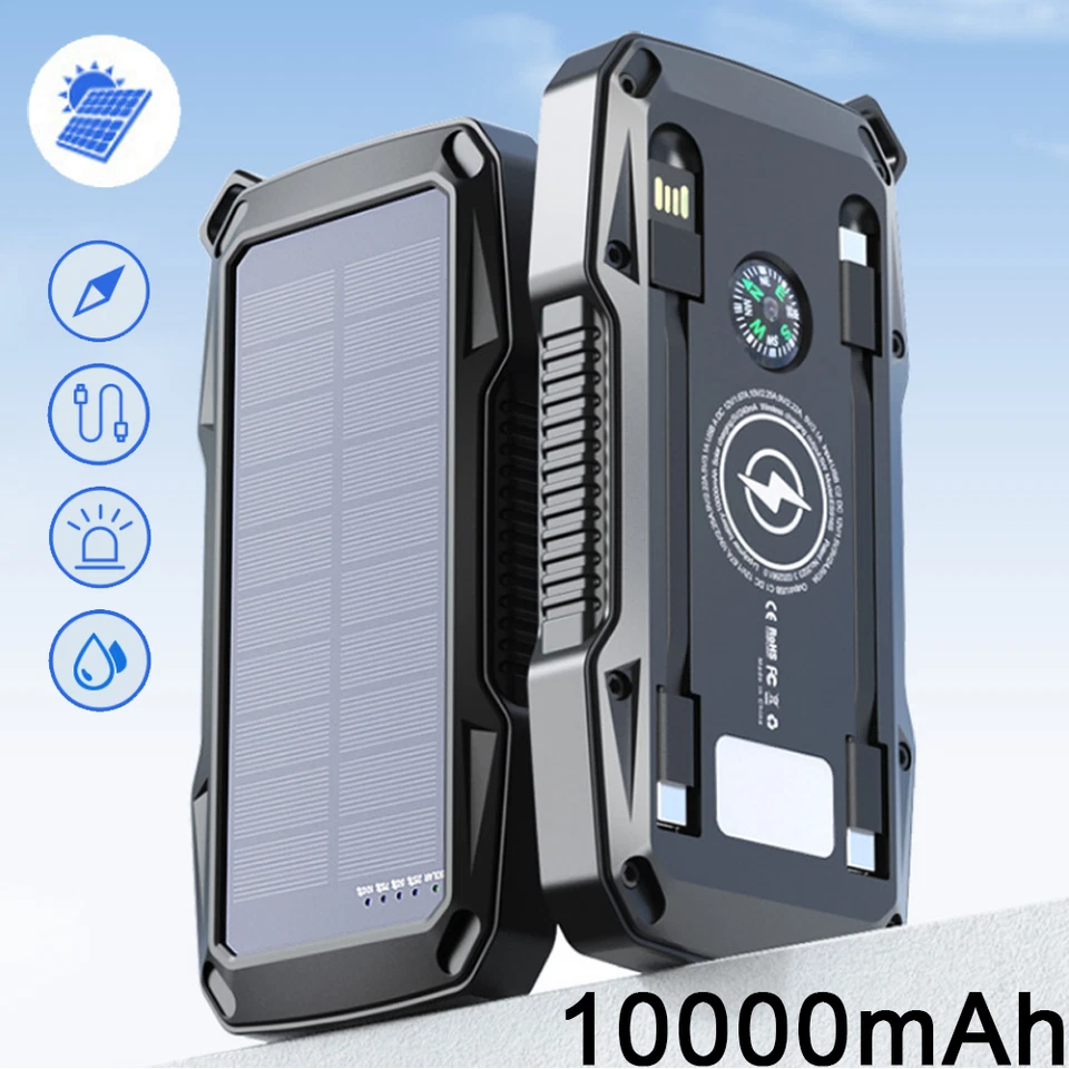 Solar Power Bank 10000mAh Wireless Fast Charging Built-in Cable LED&Security - Image 1 of 4
