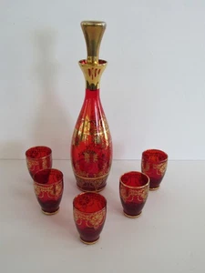Vintage Venetian Ruby Red Gilded Glass Decanter with 5 Glasses - Picture 1 of 12
