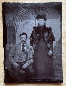 Antique Tin Type Photo - Loving Couple - Fur Shawl / Moustache / Hat - Picture 1 of 6