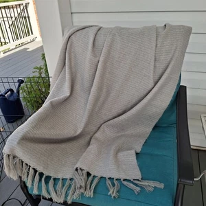 West Elm Blanket Lightweight Taupe Throw 44" x 56" Woven w/ Fringe Deck Couch - Picture 1 of 4