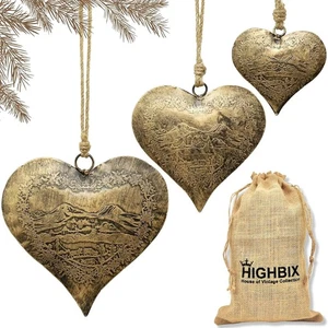 HIGHBIX Hanging Heart Decor – Set of 3 – Vintage Shabby Chic Style Rustic Handma - Picture 1 of 5