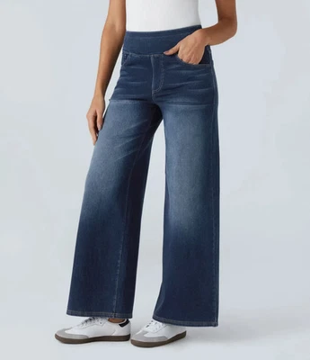 Calça jeans Halara nova com etiquetas jeans flex cintura alta perna larga tamanho M azul stretch pull-on - Imagem 1 de 4