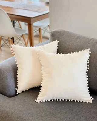 Juego de 2 fundas de almohada de pompón de lino hechas a mano de lujo Foto 1 de 4