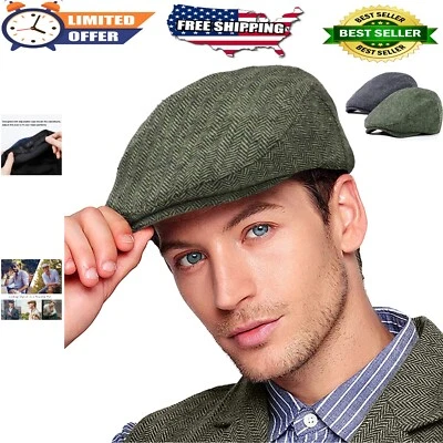 Paquete de 2 sombreros de noticiero ajustables para hombre gorra plana mezcla de lana de taxista irlandés tweed -... Foto 1 de 4