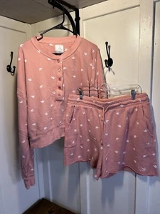 Women’s Ivory Ella Pajama Sleep Set Long Sleeve + Shorts Pink Elephants Size XL - Picture 1 of 12
