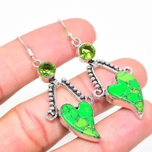 Green Turquoise, Peridot Gemstone 925 Sterling Silver Earring 2.44" s057 - Picture 1 of 8
