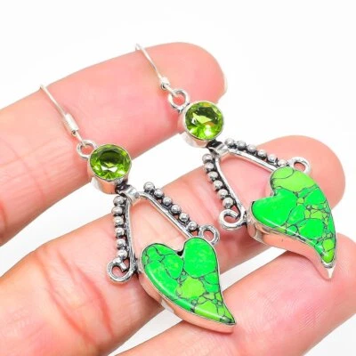 Green Turquoise, Peridot Gemstone 925 Sterling Silver Earring 2.44" s057 - Image 1 of 4