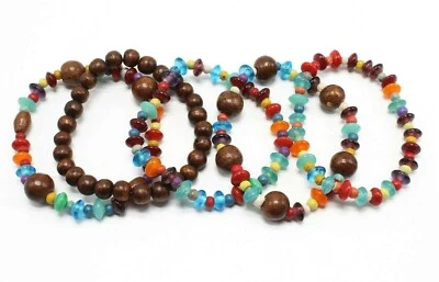 Nuevo juego de pulsera elástica de cuentas de madera y vidrio coloridas de 5 piezas #B2012 Foto 1 de 2