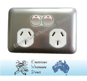 Slimline Double Power Point Wafer Slim Outlet GPO White Silver Electrical - Foto 1 di 3