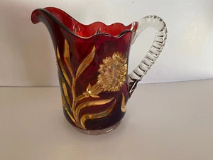 Ruby Red Gold Trim Carnation Pattern Pitcher Glass 8 1/2" Tall - Picture 1 of 11