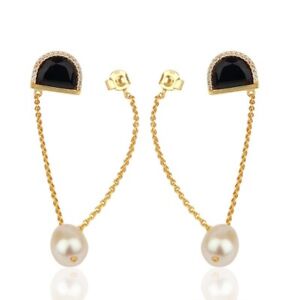 D Shape Black Onyx Double Layer Chain Drop Pearl Earrings In 18K Gold Plated