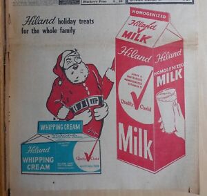 1955 newspaper ad for Hiland Milk -holiday treats for whole family, Santa Claus