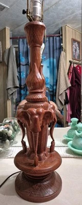 Hand Carved Teak Wood Vintage Elephant Table Lamp Exclusive 33" - Image 1 of 4