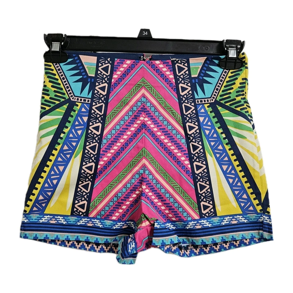 Pantalones Cortos Flying Tomato Cintura Alta Para Mujer Pequeños Multicolor Geométricos Funky Hippie  Foto 1 de 4
