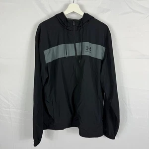 Under Armour Hooded Windbreaker Jacket Mens XL Black Gray Lined Full Zip Loose - Picture 1 of 8