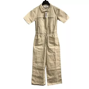 Hunter & Brown Jumpsuit Womens XS Tan Denim Elastic Waist Wide Leg Utility - Picture 1 of 10