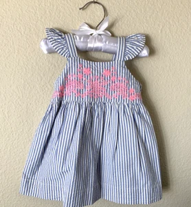 NWT Baby Gap Girls 6-12 Month Blue Striped Seersucker Dress with Pink Embroidery - Picture 1 of 11