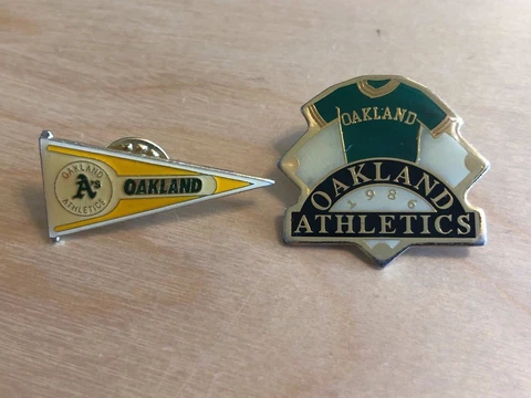 Lot of 2 Unocal 76 Oakland A's Athletics Pins:  1986 Jersey, Pennant Cover