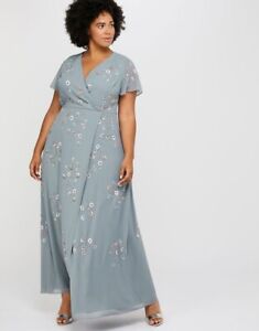 New Monsoon RRP170 Embellished Embroidered Maxi Wrap Dress Size 16 Blue / Grey
