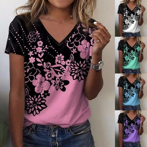 Womens Floral Short Sleeve Tunic Tops Ladies Summer V Neck Loose T Shirt Blouse - Picture 1 of 23