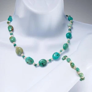 VTG Turquoise & Natural Pearl Beaded Necklace & Bracelet Set - Picture 1 of 5