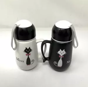 Tazza di coppia design gatto nero/bianco forma impugnatura termica, ecologica, ceramica - Foto 1 di 13