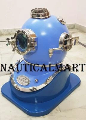 Nautical Sky Blue & Chrome Scuba SCA Diving Diver Helmet Handmade With Base - Image 1 of 4