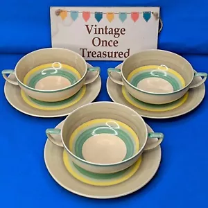 Susie Cooper WEDDING BAND Green Ring 3 x SOUP BOWLS & STANDS Art Deco 1930s VGC - Picture 1 of 15