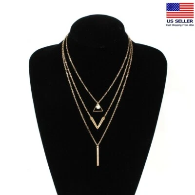Women Jewelry Necklace Layered Crystal Triangle Line V Letter Choker Pendant  - Image 1 of 4