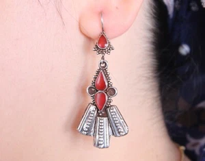 Vintage Turkmen 925k Sterling Silver Earrings, Carnelian Stones Earrings, - Picture 1 of 9