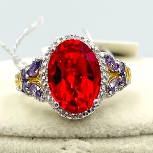 Anillo halo de plata de ley 925 con halo de cristal/amatista de Swarovski rojo talla 9 - Imagen 1 de 10