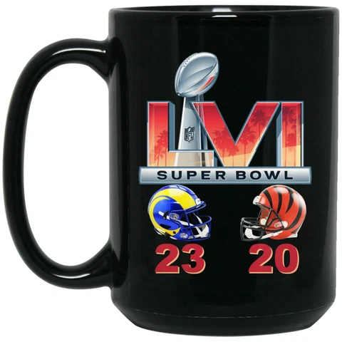 Super Bowl 56 2022 LVI Bengals Rams v1 Final Score Black 15oz Coffee Mug Cup Cover