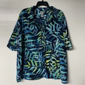 Catherines Blouse Women 2X Blue Colorful Tropical National Pop Over Half Button - Picture 1 of 9