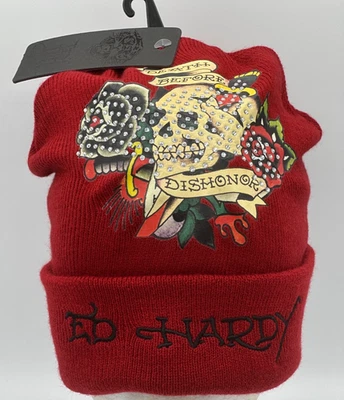 Ed Hardy "Love Kills Slowly" Red Beanie – Tattoo Floral Graphic Hat - Image 1 of 4