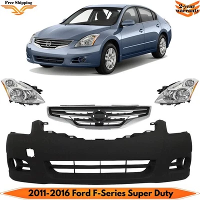 Front Bumper Cover Primed Plastic & Headlights Kit For 2010-2012 Nissan Altima - Imagem 1 de 4