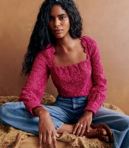 NUEVO CON ETIQUETAS Blusa Sezane Alvere Rosa Guipur Encaje Rosa Peonía Manga Larga Para Mujer Talla 2 - Imagen 1 de 14