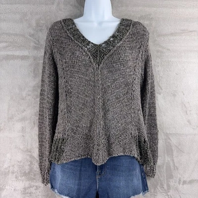 Suéter para mujer Eileen Fisher talla mediana gris tejido cuello en V Foto 1 de 4