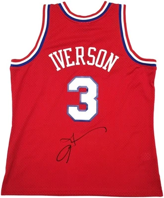 76ers Allen Iverson Auto Red Auth Mitchell Ness 02-03 HWC Swingman Jersey XL BAS - Image 1 of 4