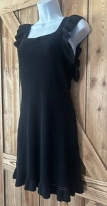 ANTHROPOLOGIE Pointelle Ruffled Butterfly Sleeve Black Knit Mini Crochet Dress S - Picture 1 of 18